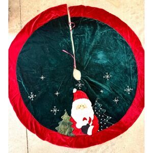 Vintage Velvet Christmas Tree Skirt 48" Green Red Santa Appliqué Snowflake